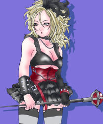 Rule 34 | 1girl, blonde hair, blue eyes, breasts, collar, corset, dragon quest, dragon quest swords, elbow gloves, feather hair ornament, feathers, gloves, hair ornament, jewelry, long hair, setia, simple background, skirt, solo, striped clothes, striped thighhighs, thighhighs