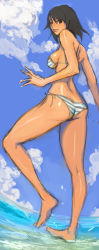 Rule 34 | 1girl, arched back, ass, barefoot, bikini, blue sky, breasts, brown eyes, brown hair, butt crack, cloud, day, from behind, full body, leg up, looking back, medium breasts, one eye closed, original, short hair, side-tie bikini bottom, sideboob, sketch, sky, solo, standing, standing on one leg, striped bikini, striped clothes, swimsuit, water, weltol, wink