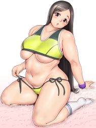 Rule 34 | 1girl, arm support, black hair, blush, breasts, brown eyes, carpet, character request, collarbone, commentary request, copyright request, full body, head tilt, highres, kneeling, large breasts, long hair, looking at viewer, navel, open mouth, orizen, panties, plump, side-tie panties, sitting, socks, solo, straight hair, thick arms, thick thighs, thighs, underboob, underwear, white background, white socks, wristband, yellow panties