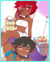 Rule 34 | 2girls, ;q, artist name, balloon, bare shoulders, black hair, blue border, border, borrowed character, box, brown eyes, cake, cherry, commentary, confetti, dark-skinned female, dark skin, demon girl, doom (series), earrings, english commentary, food, fork, fruit, gift, gift box, hdoom, highres, imp (doom), imp tan, jewelry, lamia, looking at viewer, monimochi, monster girl, mouth hold, multiple girls, one eye closed, party horn, plate, pointy ears, red eyes, red hair, short hair, sitting, smile, spikes, tongue, tongue out