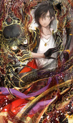 Rule 34 | 1boy, black gloves, brown hair, claws, closed mouth, collarbone, colorful, commentary request, constricted pupils, dragon, eastern dragon, expressionless, gloves, gold trim, high collar, highres, jacket, jewelry, looking at viewer, male focus, messy hair, necklace, ookurikara, open clothes, open jacket, pendant, shirt, solo, t-shirt, touken ranbu, v-neck, yellow eyes