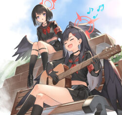 Rule 34 | 2girls, black hair, black wings, blue archive, closed eyes, commentary request, guitar, halo, ichika (blue archive), instrument, long hair, mashiro (blue archive), multiple girls, open mouth, purple eyes, red halo, short hair, smile, taba comya, wings