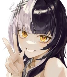 Rule 34 | 1girl, absurdres, bare shoulders, black hair, eyelashes, highres, hololive, hololive english, long hair, looking at viewer, multicolored hair, santafe99, shiori novella, signature, smile, solo, split-color hair, twitter username, virtual youtuber, w, white hair, yellow eyes