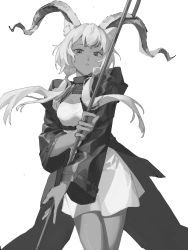 Rule 34 | 1girl, absurdres, animal ears, arknights, beeswax (arknights), breasts, coat, collar, cowboy shot, dark-skinned female, dark skin, dress, goat ears, goat girl, goat horns, greyscale, highres, holding, holding staff, horns, karisome149, long hair, long sleeves, low twintails, monochrome, open clothes, open coat, parted lips, simple background, small breasts, solo, staff, twintails, white background