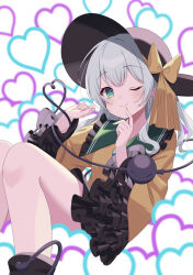 Rule 34 | 1girl, ;), black hat, blush, bow, clenched hand, closed mouth, commentary, danmaku, feet out of frame, frilled sleeves, frills, green eyes, green sailor collar, grey hair, hair between eyes, hands up, hat, hat bow, heart, heart background, heart of string, highres, index finger raised, jacket, kamachi (kamati0maru), knees up, komeiji koishi, long sleeves, looking at viewer, medium hair, one eye closed, sailor collar, smile, solo, third eye, touhou, wide sleeves, yellow bow, yellow jacket