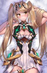 Rule 34 | 1girl, armor, blonde hair, breasts, cleavage, cleavage cutout, clothing cutout, covered navel, cowboy shot, earrings, from above, frown, gem, headpiece, highres, jewelry, large breasts, mythra (xenoblade), nakazou2000, nintendo, shoulder armor, solo, swept bangs, thigh strap, tiara, twintails, wavy mouth, xenoblade chronicles (series), xenoblade chronicles 2, yellow eyes