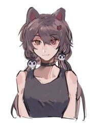 Rule 34 | 1girl, animal ears, bare arms, black choker, black tank top, chinese commentary, choker, closed mouth, commentary request, dog ears, flower, hair flower, hair ornament, heterochromia, highres, inui toko, lingyi, looking at viewer, nijisanji, red eyes, red flower, smile, solo, tank top, upper body, virtual youtuber, yellow eyes