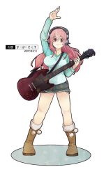 Rule 34 | 1girl, boots, breasts, electric guitar, fur trim, guitar, headphones, instrument, large breasts, looking at viewer, nitroplus, obake (lemon creme), pink eyes, pink hair, pom pom (clothes), smile, solo, super sonico