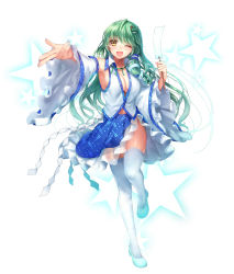 Rule 34 | 1girl, ;d, adapted costume, bad id, bad pixiv id, blue skirt, blush, breasts, cleavage, detached sleeves, frilled sleeves, frills, frog hair ornament, full body, gohei, green hair, hair ornament, hair tubes, japanese clothes, kochiya sanae, lips, long hair, looking at viewer, medium breasts, miko, miniskirt, navel, no bra, nontraditional miko, one eye closed, oonusa, open mouth, outstretched hand, shiny skin, sideboob, skirt, smile, snake hair ornament, solo, standing, standing on one leg, star (symbol), starry background, swept bangs, thighhighs, thighs, tongue, touhou, tsukiriran, white background, white thighhighs, wide sleeves, yellow eyes
