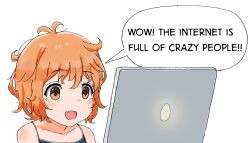 Rule 34 | 1girl, aiu404l, black camisole, camisole, computer, english text, fang, highres, laptop, messy hair, open mouth, orange eyes, orange hair, original, short hair, skin fang, smile, solo, spaghetti strap, truth