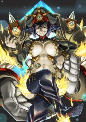 Rule 34 | 1girl, ayamo kaoru, belly, black hair, boot, boots, breasts, chest jewel, cleavage, colored skin, fire, glasses, green skin, hat, high heel boots, high heels, highres, large breasts, military hat, navel, newt (xenoblade), short hair, solo, thigh boots, thighhighs, xenoblade chronicles (series), xenoblade chronicles 2