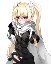 Rule 34 | 1girl, absurdres, bandages, black bandages, black gloves, blonde hair, blush, breasts, bright pupils, cloak, cowboy shot, earrings, glint, gloves, hair between eyes, hair ornament, hand up, highres, jewelry, korean commentary, legs together, long hair, maplestory, medium breasts, mole, mole under eye, orchid (maplestory), outstretched arm, purple eyes, rabbit hair ornament, sammi (pixiv7331939), simple background, solo, split mouth, standing, twintails, very long hair, wavy mouth, white background, white cloak, white pupils