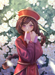 Rule 34 | 1girl, absurdres, blouse, bongun, book, braid, braided ponytail, brown hair, bush, character doll, chinese commentary, commentary, cowboy shot, dress, flower, hat, highres, holding, holding book, jiangshi, long hair, long sleeves, looking at viewer, low-tied long hair, munak, pants, purple eyes, qingdai guanmao, ragnarok online, red dress, red hat, red pants, red shirt, sandwich (3meiji), shirt, signature, smile, solo, swept bangs, white flower