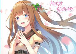 Rule 34 | .live, 1girl, :d, alexmaster, belt, black sailor collar, blue eyes, blush, breasts, brown hair, brown shirt, collarbone, commentary request, floating hair, green ribbon, hair bobbles, hair ornament, hair ribbon, happy birthday, kakyouin chieri, long hair, looking at viewer, medium breasts, neckerchief, open mouth, own hands together, petals, puffy short sleeves, puffy sleeves, red neckerchief, ribbon, sailor collar, shirt, short sleeves, sidelocks, smile, solo, steepled fingers, taut clothes, taut shirt, two side up, upper body, virtual youtuber, white background