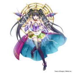Rule 34 | 1girl, :o, anklet, bare shoulders, black hair, black thighhighs, blue eyes, clock, copyright name, detached sleeves, dress, full body, green skirt, hair ornament, highres, jewelry, long hair, official art, purple dress, simple background, skirt, solo, standing, standing on one leg, thighhighs, tower of dragon, twintails, yamabuki kanon