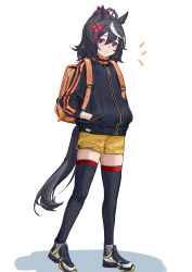 Rule 34 | 1girl, absurdres, ahoge, animal ears, backpack, bag, black hair, black jacket, black thighhighs, closed mouth, full body, hands in pockets, high tops, highres, horse ears, horse girl, horse tail, jacket, kitasan black (umamusume), long sleeves, medium hair, multicolored hair, notice lines, ponytail, red eyes, shoes, shorts, simple background, sneakers, solo, streaked hair, tail, thighhighs, umamusume, walking, white background, xiu kukkii, yellow shorts