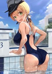 Rule 34 | 1girl, absurdres, anchor hair ornament, ass, back, blonde hair, blush, bow, breasts, competition swimsuit, cowboy shot, gluteal fold, green eyes, hair between eyes, hair bow, hair ornament, has bad revision, has downscaled revision, hat, highres, kantai collection, large breasts, long hair, looking at viewer, looking back, low twintails, md5 mismatch, military hat, one-piece swimsuit, open mouth, partially submerged, peaked cap, pool, prinz eugen (kancolle), resolution mismatch, source smaller, swimsuit, taki rentaro, teeth, tree, twintails, water, water drop, wet