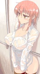 Rule 34 | 1girl, :o, blush, bottomless, breasts, cleavage, covered erect nipples, dress shirt, kusanagi tonbo, large breasts, no bra, oekaki, open mouth, orange eyes, original, red hair, see-through, shirt, short hair, showering, solo, thighhighs, wet, wet clothes