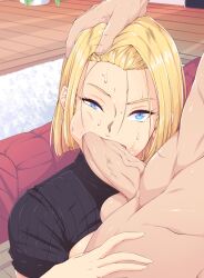 Rule 34 | 1girl, android 18, blonde hair, blue eyes, breasts, breasts out, cheek bulge, clothed female nude male, couch, dragon ball, dragonball z, earrings, fellatio, from above, hand on another&#039;s head, highres, hoop earrings, indoors, jewelry, kneeling, looking at viewer, medium breasts, medium hair, nude, oral, peakjump, penis, standing, sweat, testicles, turtleneck, uncensored