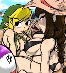 Rule 34 | 2girls, artist request, ass, beach, bikini, black bikini, black eyes, blonde hair, blue eyeshadow, blue sky, blush, borrowed character, braid, breasts, brown hair, butt crack, cleavage, command grab, command grab (nuclear wasabi), commentary, covered erect nipples, crossover, day, english commentary, eyeshadow, front-tie bikini top, front-tie top, genderswap, genderswap (mtf), green bikini, green headwear, hat, highres, kae&#039;est, large breasts, link, long braid, long hair, makeup, master sword, medium hair, mouth hold, multiple girls, nintendo, ocean, original, planted, planted sword, planted weapon, pointy ears, sideboob, single braid, sitting, sky, sun hat, swimsuit, sword, the legend of zelda, the legend of zelda: the wind waker, toon link, triforce, wariza, weapon, yuri