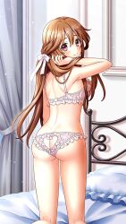 Rule 34 | 1girl, ass, ass cutout, bare arms, bare legs, bedroom, bra, breasts, brown hair, butt crack, clothing cutout, doukyuusei another world, frilled bra, frilled panties, frills, from behind, game cg, hair between eyes, hair ribbon, hand in own hair, heart cutout, indoors, kakyuusei, kneeling, lingerie, long hair, looking at viewer, looking back, medium breasts, panties, pillow, red eyes, ribbon, shoulder blades, solo, underwear, underwear only, very long hair, white bra, white panties, white ribbon, yuuki mizuho
