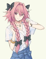 Rule 34 | 1boy, astolfo (fate), black bow, blue skirt, blush, bow, bracelet, braid, closed mouth, collarbone, eyelashes, fate/apocrypha, fate (series), hair between eyes, hair bow, hair intakes, hand in own hair, jewelry, long braid, long hair, looking at viewer, male focus, multicolored hair, necklace, pas (paxiti), pink hair, purple eyes, shirt, short sleeves, simple background, skirt, smile, solo, streaked hair, trap, twin braids, watch, white background, white shirt, wristwatch
