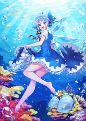 Rule 34 | 1girl, :d, air bubble, bare legs, barefoot, blouse, blue bow, blue dress, blue eyes, blue hair, blurry, blurry foreground, blush, bow, bubble, cirno, clothes lift, commentary, coral, dress, dress lift, fish, from behind, from side, full body, hair between eyes, hair bow, highres, ice, ice wings, leg up, lifting own clothes, light rays, looking at viewer, milcona, neck ribbon, open mouth, petticoat, pinafore dress, red ribbon, ribbon, shirt, short hair, sleeveless dress, smile, solo, thighs, touhou, underwater, white shirt, wing collar, wings
