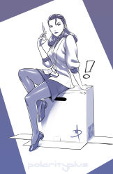 Rule 34 | !, 1girl, blue theme, box, cardboard box, full body, high heels, id card, lab coat, long hair, looking at viewer, metal gear (series), metal gear solid, monochrome, naomi hunter, pantyhose, pencil skirt, pinup (style), polarityplus, puffy sleeves, pumps, shoes, sitting, skirt, solo, sweater, syringe, turtleneck