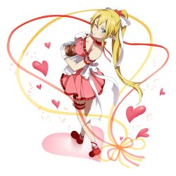 Rule 34 | 1girl, blonde hair, bow, bowl, breasts, cleavage, full body, green eyes, hair bow, highres, large breasts, leafa, long hair, official art, one eye closed, pointy ears, ponytail, red footwear, shoes, standing, sword art online, sword art online: memory defrag, transparent background, white bow