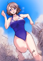 Rule 34 | 10s, 1girl, 2017, artist name, barefoot, blue eyes, blue one-piece swimsuit, blush, breasts, brown hair, building, cleavage, competition swimsuit, destruction, from below, giant, giantess, love live!, love live! sunshine!!, one-piece swimsuit, running, short hair, solo, swimsuit, torajimaneko, watanabe you