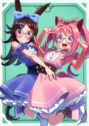 Rule 34 | absurdres, adjusting eyewear, alternate costume, bespectacled, black hair, blush, bow, breasts, closed mouth, dress, freely2327, glasses, hair bow, haru urara (umamusume), highres, horse girl, leg up, long hair, looking at viewer, open mouth, pointing, pointing at self, ponytail, purple eyes, ribbon, rice shower (umamusume), shoes, small breasts, umamusume