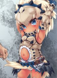 Rule 34 | 1girl, bad id, bad pixiv id, barioth (armor), belly, blue eyes, capcom, long hair, mano (shampoohatter), monster hunter (series), navel, outie navel, protruding navel, restrained, solo focus, white hair