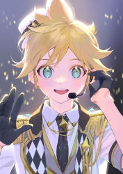 Rule 34 | 1boy, black gloves, black skirt, blonde hair, blue eyes, close-up, commentary request, formal, gloves, kagamine len, looking at viewer, male focus, microphone, more more jump! len, naoko (naonocoto), open mouth, skirt, solo, suit, teeth, vocaloid