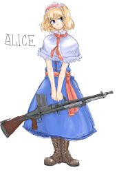 Rule 34 | 1girl, alice margatroid, blonde hair, blue eyes, boots, character name, female focus, full body, gun, hairband, highres, machine gun, michael-x, short hair, simple background, solo, touhou, weapon, white background, zb 26