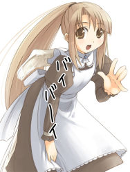 Rule 34 | 1girl, angel wings, apron, brown hair, jirou (chekoro), leaning forward, long hair, looking at viewer, maid, maid apron, original, ponytail, puffy sleeves, simple background, smile, solo, very long hair, wings