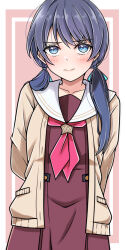 Rule 34 | 1girl, blue eyes, blue hair, brown cardigan, brown dress, cardigan, closed mouth, collarbone, commentary request, dress, hasu no sora school uniform, highres, link! like! love live!, long hair, long sleeves, looking at viewer, love live!, murano sayaka, neckerchief, open cardigan, open clothes, red neckerchief, sailor collar, school uniform, sidelocks, solo, standing, tokitoki (commando), twintails, upper body, white sailor collar, winter uniform
