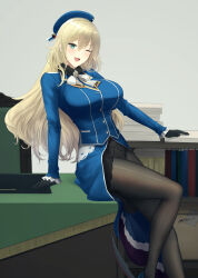 Rule 34 | 1girl, absurdres, artist name, atago (kancolle), beret, black gloves, black pantyhose, blonde hair, blue eyes, blue hat, blue skirt, breasts, commentary request, dated, gloves, hair between eyes, hat, highres, kantai collection, large breasts, long hair, long sleeves, military uniform, odachu, one eye closed, open mouth, paid reward available, pantyhose, signature, sitting, skirt, smile, solo, uniform