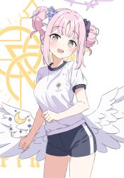Rule 34 | 1girl, angel wings, black shorts, blue archive, blush, breasts, cowboy shot, crescent, crescent pin, double bun, feathered wings, flower, gym shirt, gym shorts, gym uniform, hair bun, hair flower, hair ornament, halo, highres, kousuke0912, large breasts, looking at viewer, mika (blue archive), open mouth, pink hair, pink halo, purple flower, shirt, short hair, short sleeves, shorts, simple background, smile, solo, white background, white shirt, white wings, wings, yellow eyes