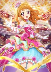 Rule 34 | 1girl, aikatsu!, aikatsu! (series), bare shoulders, blush, braid, brown hair, candle, chain, chandelier, crown, dress, earrings, female focus, flat chest, flower, gloves, jewelry, long hair, looking at viewer, necklace, ozora akari, open mouth, orange hair, purple eyes, red eyes, rose, smile, solo
