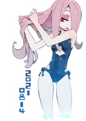 Rule 34 | 1girl, armpits, bare shoulders, blue one-piece swimsuit, breasts, bright pupils, covered navel, cropped legs, dated, enoki-kou, eyeshadow, feet out of frame, flipped hair, gluteal fold, hair over one eye, halterneck, highres, holding, holding hair, little witch academia, long hair, makeup, one-piece swimsuit, pale skin, pink eyes, pink hair, side-tie swimsuit, sidelocks, simple background, small breasts, solo, sucy manbavaran, swimsuit, thigh gap, tongue, tongue out, very long hair, white background