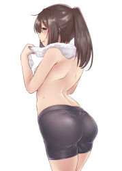Rule 34 | 1girl, absurdres, akizuki (kancolle), ass, bike shorts, black hair, blush, breasts, grey eyes, highres, kantai collection, kiritto, long hair, medium breasts, open mouth, ponytail, profile, simple background, solo, sweat, topless, towel, towel around neck, white background