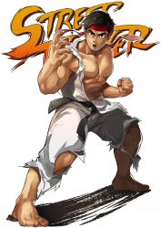 Rule 34 | 1boy, 8 (yamalu), barefoot, black hair, blouse, brown eyes, clenched hand, copyright name, dougi, fighting stance, full body, headband, legs apart, male focus, muscular, open mouth, ryu (street fighter), shirt, simple background, solo, street fighter, thighs, torn clothes, torn shirt, white background, wide stance