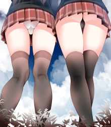 Rule 34 | 2girls, ass, bad id, bad pixiv id, black legwear, black panties, cloud, cloudy sky, commentary request, day, from below, kneepits, miniskirt, multiple girls, oouso, original, out of frame, panties, pantyshot, pleated skirt, skirt, sky, standing, thighhighs, underwear, upskirt