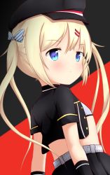 Rule 34 | 1girl, :t, absurdres, azur lane, bandeau, black background, black gloves, black hat, black jacket, black skirt, blonde hair, blue eyes, blush, bow, closed mouth, commentary, cropped jacket, diagonal stripes, flat chest, gloves, hair bow, hair ornament, hairclip, hat, highres, jacket, long hair, looking away, looking to the side, peaked cap, pleated skirt, pout, red background, short sleeves, sidelocks, skirt, solo, striped, striped bow, symbol-only commentary, twintails, two-tone background, yuujoduelist, z18 (azur lane)