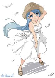 Rule 34 | 10s, 1girl, alternate costume, arm up, bad id, bad twitter id, bare arms, bare shoulders, blue eyes, blue hair, blush, breasts, brown footwear, closed mouth, collarbone, dress, dress tug, ebifurya, eyebrows, feathers, full body, hat, highres, inactive account, kantai collection, legs apart, long hair, looking at viewer, matching hair/eyes, ribbon, samidare (kancolle), shadow, shoes, simple background, sleeveless, small breasts, smile, solo, standing, straw hat, swept bangs, tan, tanline, twitter username, white background, white dress, white ribbon