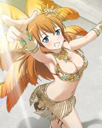 Rule 34 | 1girl, blue eyes, blush, breasts, charlotte e. yeager, cleavage, feathers, from above, grin, large breasts, long hair, looking at viewer, navel, official art, orange hair, samba, smile, solo, strike witches, world witches series