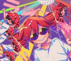 Rule 34 | 6+girls, ahoge, alternate costume, arms up, black shirt, blush stickers, clenched hands, clone, collared shirt, commentary request, covered eyes, crying, dancing, disco ball, double v, drill hair, dual persona, facing viewer, formal, grin, jacket, kasane teto, knee up, liar dancer (synthesizer v), light particles, light rays, multiple girls, necktie, purple background, raised eyebrows, red hair, red jacket, red necktie, red suit, shirt, short hair, short sleeves, shorts, smile, song name, streaming tears, suit, sunglasses, t-shirt, tears, twin drills, utau, v, v-shaped eyebrows, white shirt, yellow shorts, yuusuke-kun