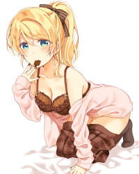 Rule 34 | 1girl, \||/, all fours, ayase eli, bed sheet, black bow, black legwear, black nails, blonde hair, blue eyes, blush, bow, bra, brown bra, brown nails, brown skirt, chocolate, clothes down, clothes pull, collarbone, commentary, food in mouth, frilled bra, frills, hair bow, hand to own mouth, highres, looking at viewer, love live!, love live! school idol project, mogu (au1127), mouth hold, nail polish, open clothes, open shirt, plaid, plaid skirt, ponytail, sidelocks, skirt, skirt pull, solo, striped, striped bow, underwear, white background
