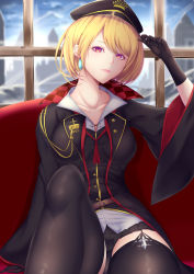 Rule 34 | 1girl, alternate costume, azur lane, black gloves, black hat, black jacket, black skirt, black thighhighs, blonde hair, blurry, blurry background, braid, breasts, collarbone, collared shirt, day, earrings, garter straps, gloves, hat, highres, indoors, jacket, jewelry, large breasts, looking at viewer, peaked cap, pleated skirt, prince of wales (azur lane), red eyes, shiro usagi, shirt, short hair, sidelocks, sitting, skirt, solo, taut clothes, thighhighs, white shirt, wide sleeves, window
