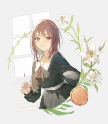 Rule 34 | 1girl, absurdres, black shirt, black skirt, blush, bookmark, brown eyes, brown hair, coin, collared shirt, commentary request, flower, flowers (innocent grey), grey background, highres, holding, kobuta, kousaka mayuri, long sleeves, looking at viewer, neck ribbon, parted lips, pleated skirt, puffy long sleeves, puffy sleeves, red ribbon, ribbon, shirt, simple background, skirt, smile, solo, white flower, window